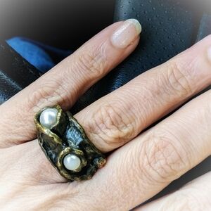 Unique Grunge Brass and Copper Vintage Crafted Ring with Faux Pearls, Size 7